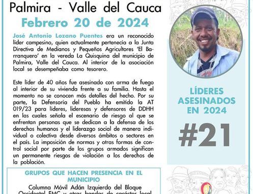 Otro líder social asesinado impunemente en Colombia y van 21